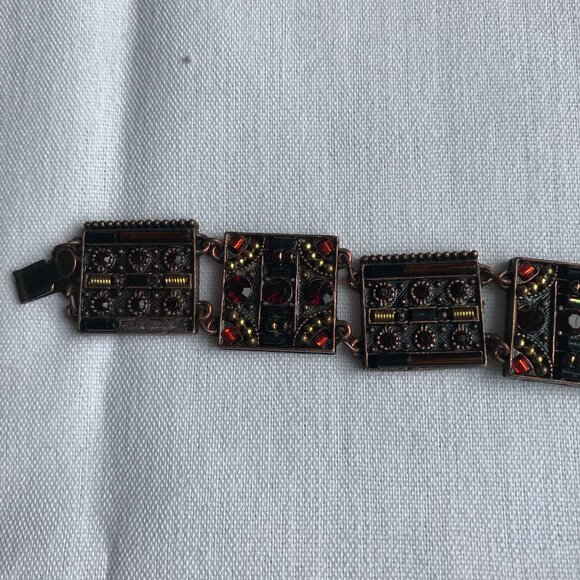Vintage Copper Tile Link Bracelet w/Faceted Stones - 7" Long - Picture 5 of 16